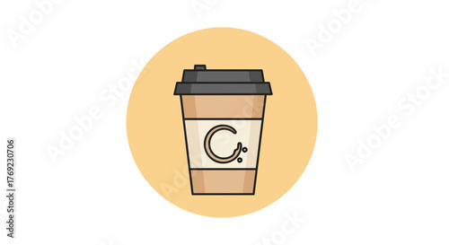 A disposable coffee cup with a logo sits on a light yellow circular background.