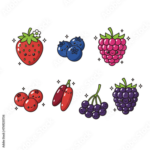 A cute collection of kawaii cartoon berry characters with smiling faces, including strawberry, blueberry, and raspberry.