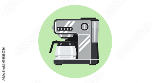 A modern coffee maker sits on a light green background.