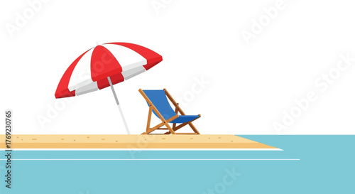 A beach chair and umbrella sit on a sandy beach next to the blue ocean water.