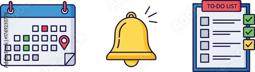 Calendar, bell, and to-do list icons symbolizing planning and reminders.