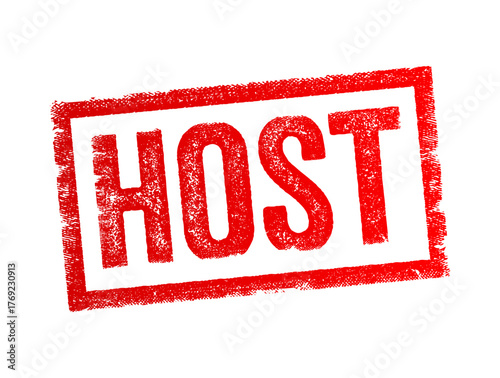 HOST text letters inside a rectangular border with a distressed texture on background. Grunge rubber stamp style image symbolizing hosting, server, or authority concept