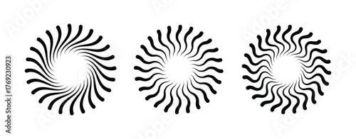 Hypnotic Abstract Swirl Sunburst Icon Set - Dynamic Black and White Wavy Ray Graphic Collection for Optical Illusion, Movement, and Technology Design