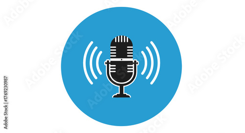 A stylized icon of a microphone with sound waves radiating outward on a blue circular background.