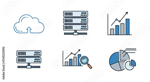 A collection of cloud computing and data analytics icons presented on a white background.