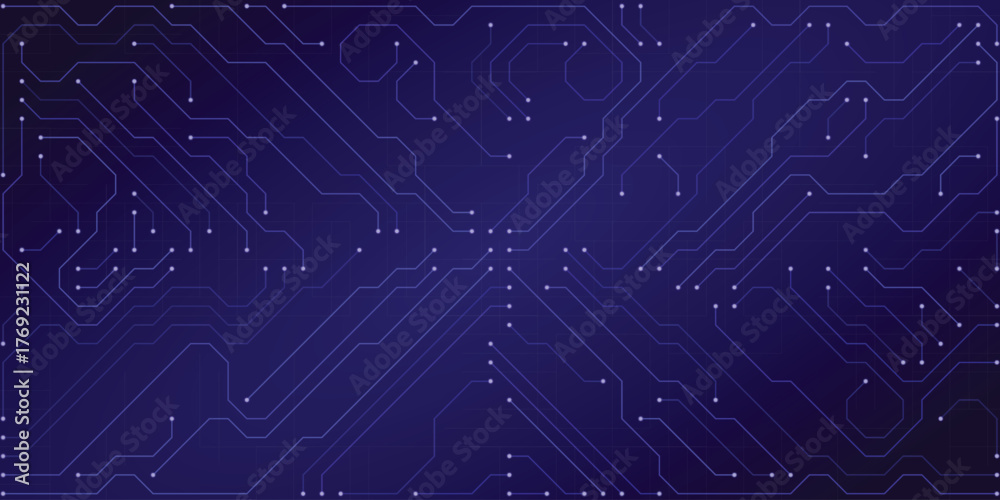 Obraz premium Dark Blue Abstract Circuit Board Pattern with Lighter Blue Lines and White Dots for Futuristic Technology and Data Concepts