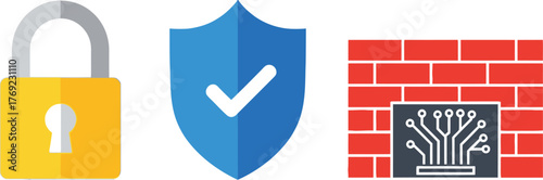 Digital security icons including a padlock, shield with checkmark, and firewall.