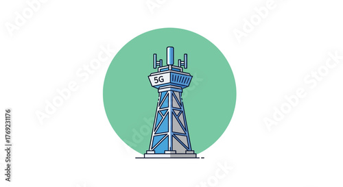 A 5G communication tower stands tall on a white background within a green circle.