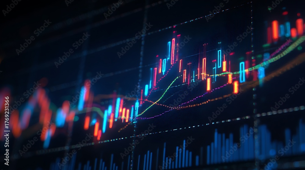 Obraz premium Futuristic stock market chart with colorful candlestick bars and moving average lines