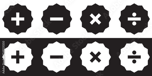 Set of Plus, minus, equal, division, multiplication sign icons, buttons. Flat square positive & negative symbol stickers. Vector file.