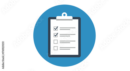 A clipboard with a checklist and checkmarks is presented on a blue background.