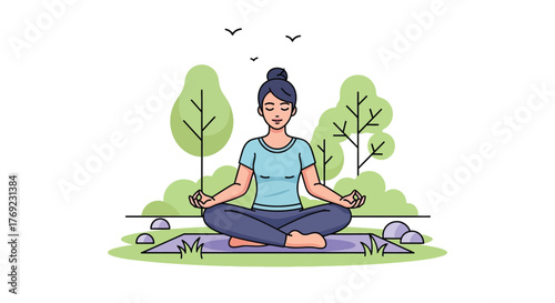 A woman meditates peacefully on a yoga mat in a park with trees and birds overhead.