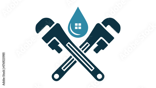 Plumbing service logo featuring crossed wrenches and water drop with house icon