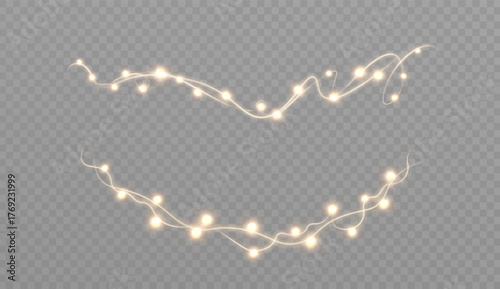 Realistic Christmas lights with warm, bright yellow bulbs on a transparent background. Festive lights for overlaying on dark or light backgrounds.
