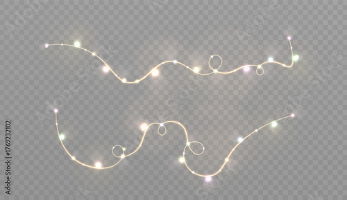 Realistic Christmas lights with warm, bright yellow bulbs on a transparent background. Festive lights for overlaying on dark or light backgrounds.