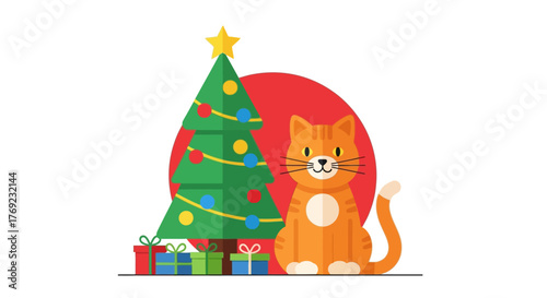Festive feline A cheerful cat beside a decorated Christmas tree with gifts and a red backdrop