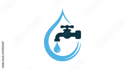 Water faucet symbol inside a blue drop representing plumbing services and water conservation