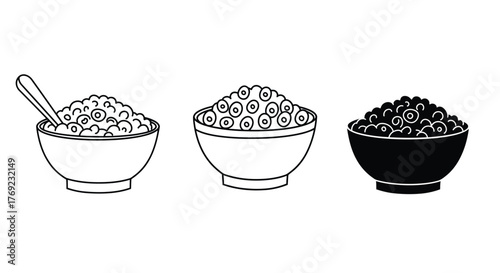 Three bowls of rice with varying shades and a single spoon