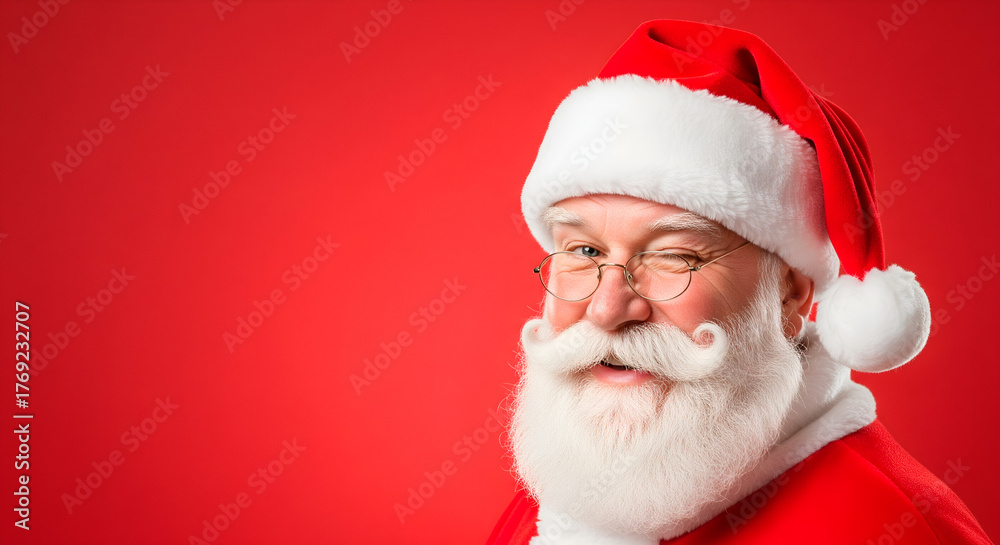 Naklejka premium Santa Claus winking with a cheerful expression on a vibrant red background