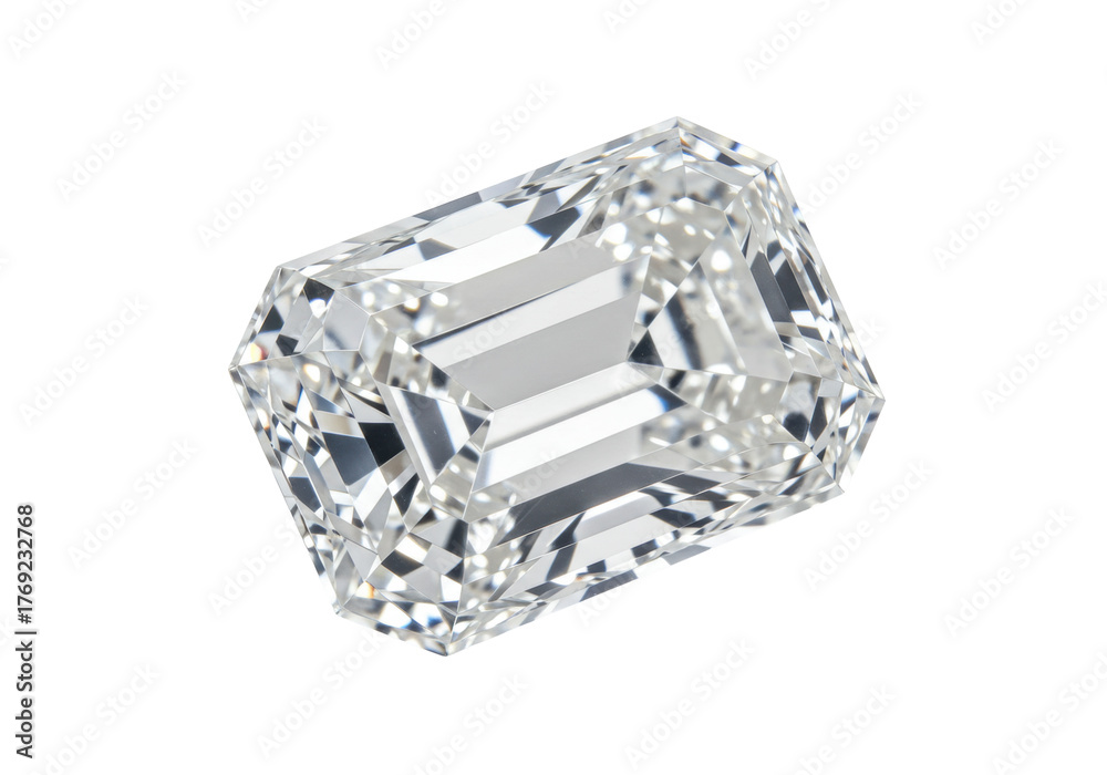 Fototapeta premium Isolated emerald cut gemstone, brilliant and sparkling crystal, shiny jewelry piece