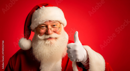Santa Claus giving a thumbs up on a vibrant red background