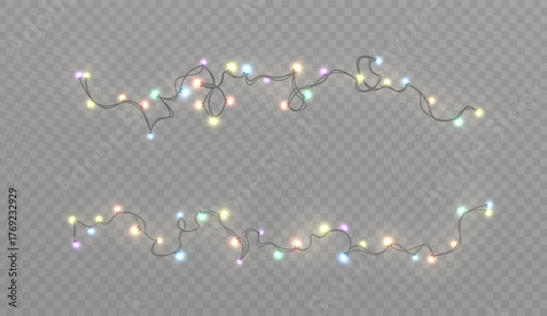 Realistic Christmas garlands with soft, multicolored bulbs on a transparent background. Festive garlands for overlaying on dark or light backgrounds.