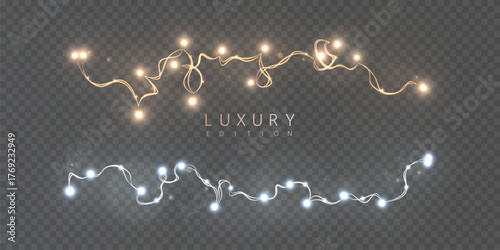 Christmas tree lights with warm, bright yellow bulbs on a transparent background. Festive lights for overlaying on a dark or light background.