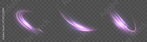 Set of glowing purple light swirls and curved trails on transparent dark background. Light effect for digital motion design, overlays and abstract energy effects.	