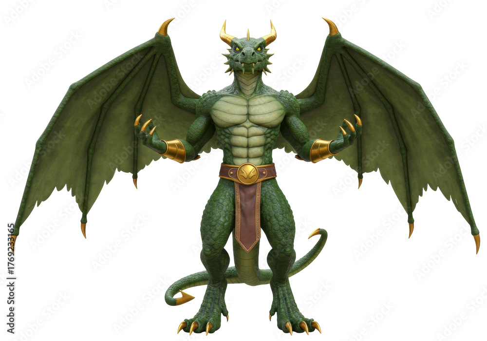Fototapeta premium Isolated Fierce Green Dragon with Golden Horns and Wings Against Transparent Backdrop