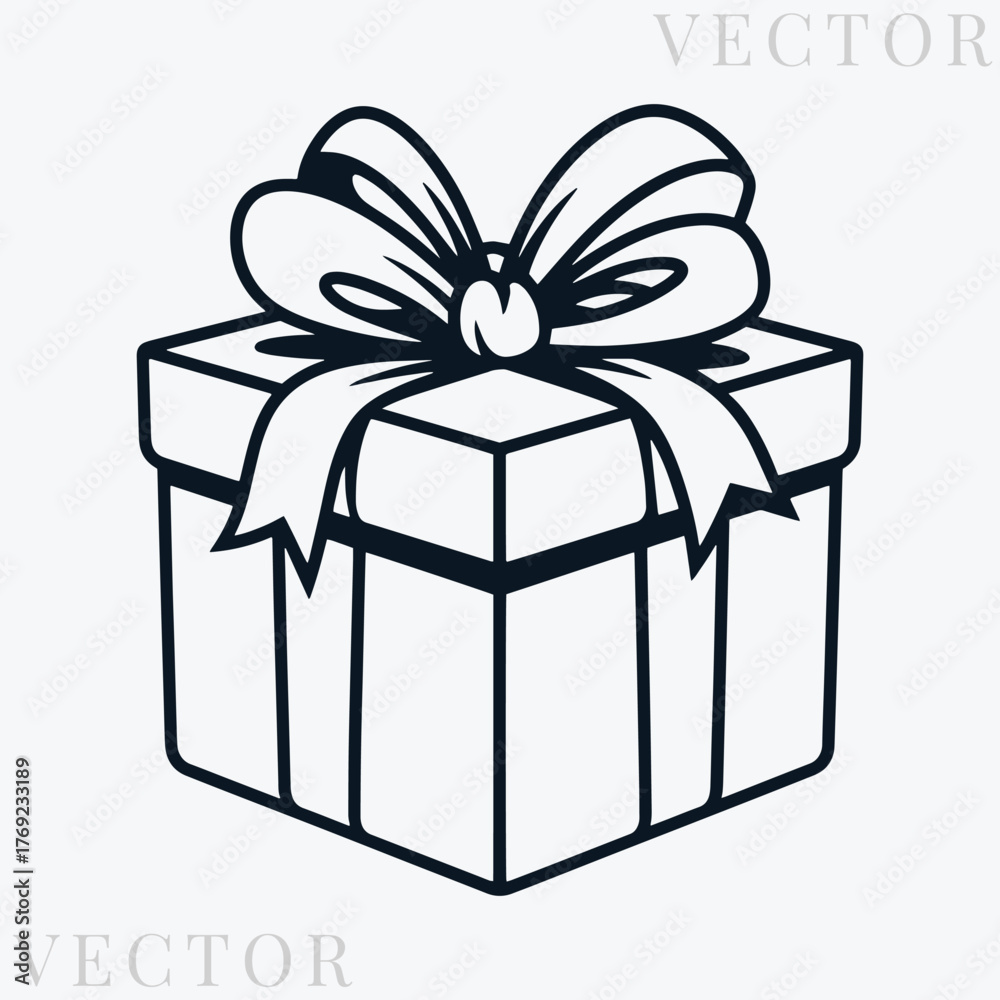 Obraz premium Black and white Christmas gift box line art with ribbon and bow vector