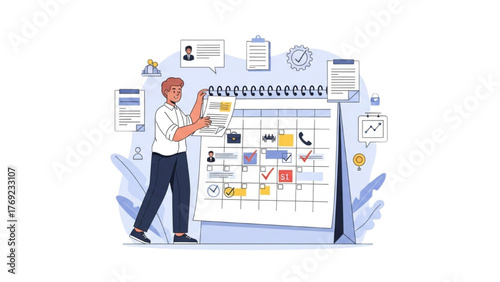 Man Organizing a Large Calendar with Appointments and Tasks, Illustrative Concept