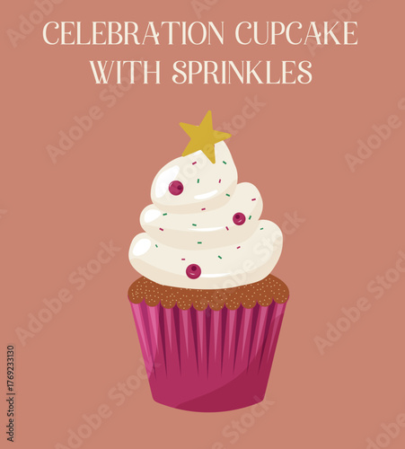 Christmas cupcake with cream on beige background. Flat design of festive muffin with buttercream frosting isolated. Winter illustration for greeting cards, banners, social media