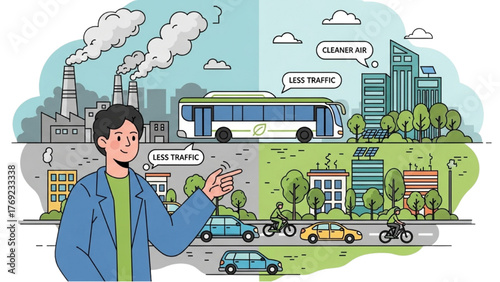 A visual illustration comparing a polluted industrial city with a clean, sustainable urban environment