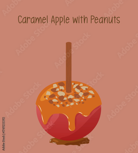 Caramel apple with nuts on beige background. Flat design of candy apple with peanuts isolated on neutral tone, festive treat. Christmas vector illustration for banners, social media