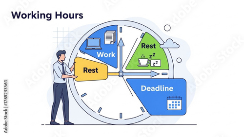 Illustration of a man managing his time with a clock showing work and rest periods