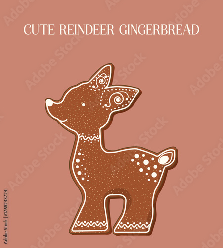Christmas gingerbread deer on beige background. Flat illustration of holiday reindeer cookie with frosting decorations. Winter illustration for social media, banners, cards