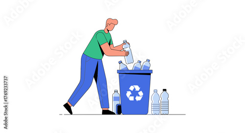 Man places plastic bottles into a recycling bin for sustainable waste management.