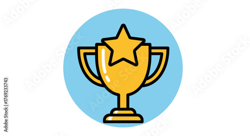 A golden trophy with a star sits on a pedestal against a light blue background.