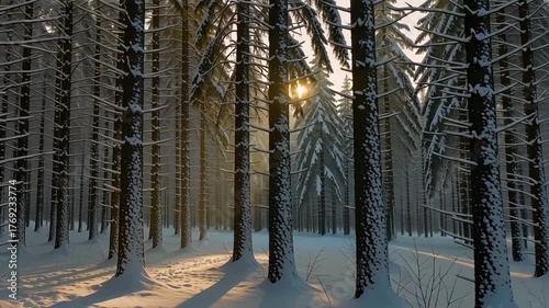Winter wonderland snowy forest trees sunlight serene landscape nature photography 