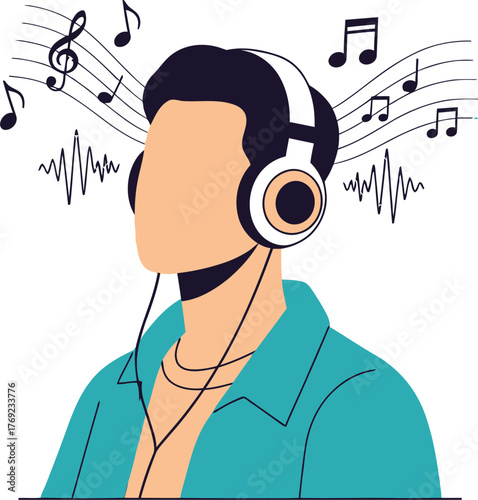 Person wearing headphones and listening to music with musical notes and sound waves