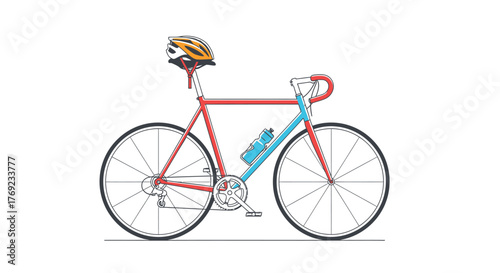 A road bicycle with a helmet and water bottle is ready for a ride.