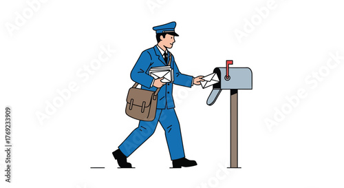 A postal worker in uniform delivers mail to a mailbox.