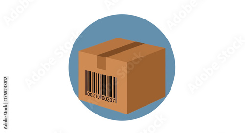 A brown cardboard box with a barcode is depicted on a blue circular background.