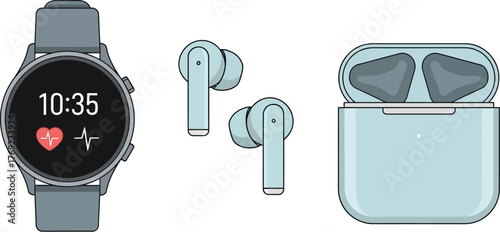 A smartwatch and a pair of wireless earbuds with their charging case are shown.