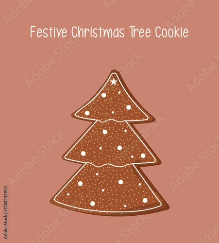 Christmas tree cookie on neutral background. Flat illustration of festive gingerbread tree with frosting details isolated. Winter illustration for banners, cards, social media