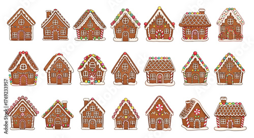 Various gingerbread houses collection illustration. Cute Christmas holiday design elements