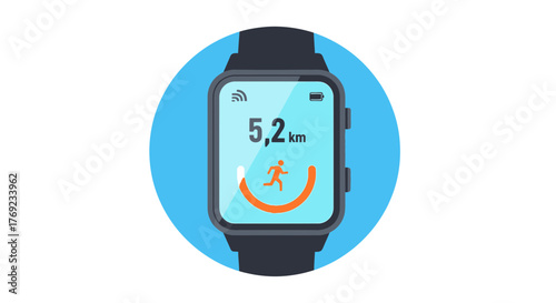 A smartwatch displays fitness tracking data with a runner icon and distance.
