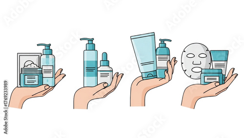Collection of illustrated hands holding various skincare and cosmetic products for a beauty routine