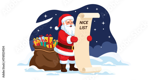 Cartoon Santa Claus standing in the snow at night checking his long nice list with a sack full of gifts