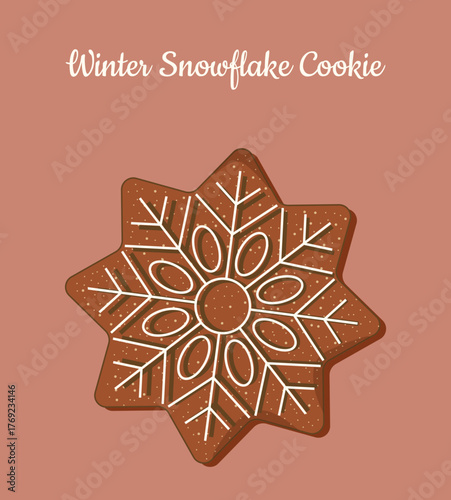 Gingerbread snowflake cookie on beige background. Flat design of winter holiday decoration with intricate icing isolated on neutral tone. Christmas vector illustration for banners, social media